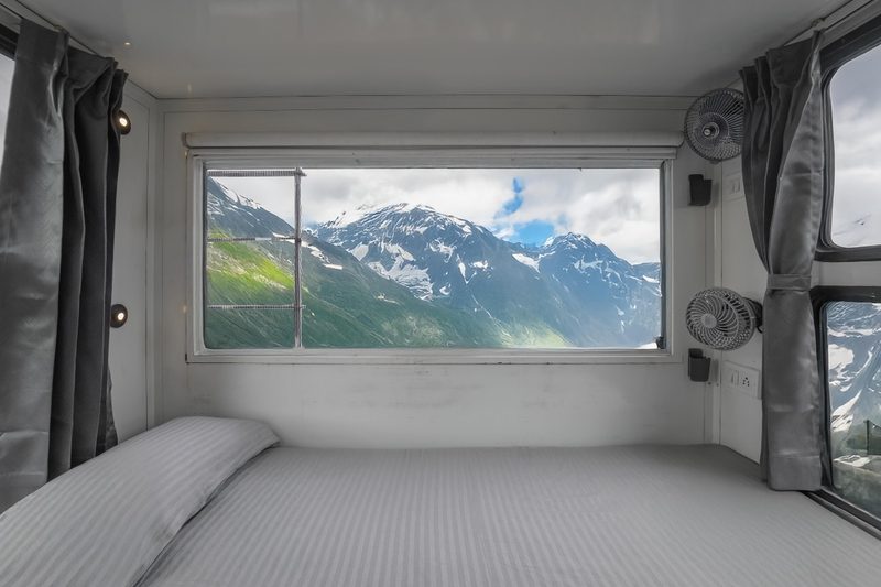 The Explorer rear bed with a panoramic window view