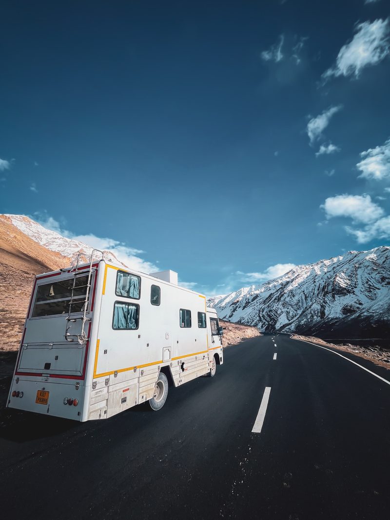The Explorer caravan parked in snow near Pangong Tso