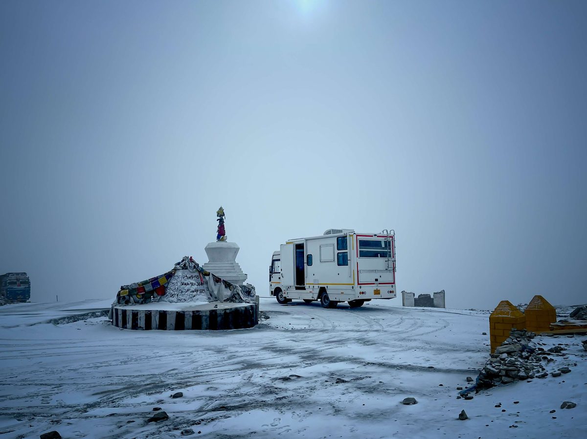 The Explorer caravan on a snowbound high mountain pass